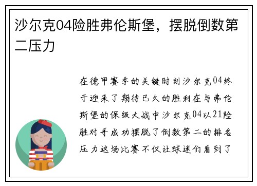 沙尔克04险胜弗伦斯堡，摆脱倒数第二压力