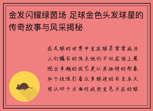 金发闪耀绿茵场 足球金色头发球星的传奇故事与风采揭秘